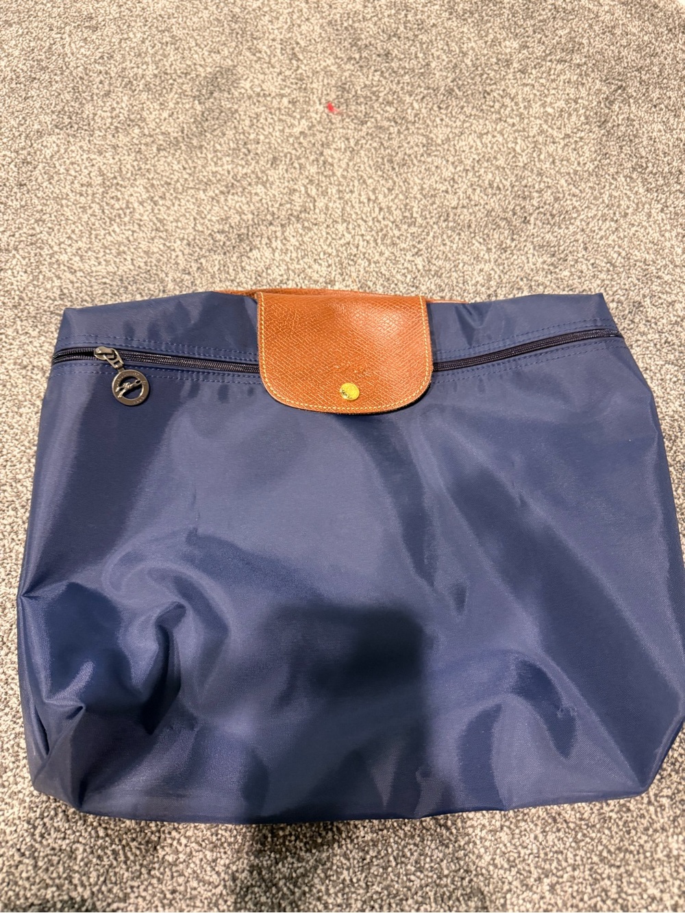 Longchamp Navy Blue Nylon Tote with Brown Leather Trim